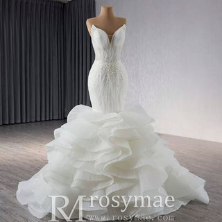 Strapless Organza Trumpet Ruffle Wedding Dress with Vneck - Rosymae