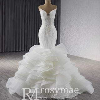 Strapless Organza Trumpet Ruffle Wedding Dress with Vneck - Rosymae