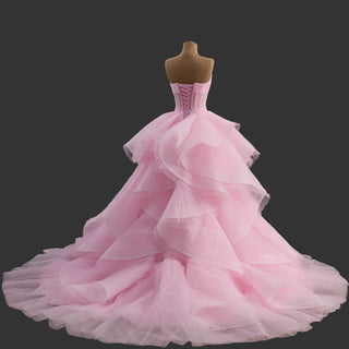 Strapless Pink Ball Gown Formal Dress with Illusion Corset Bodice & Cascading Ruffled Skirt - Rosymae