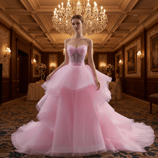 Strapless Pink Ball Gown Formal Dress with Illusion Corset Bodice & Cascading Ruffled Skirt - Rosymae