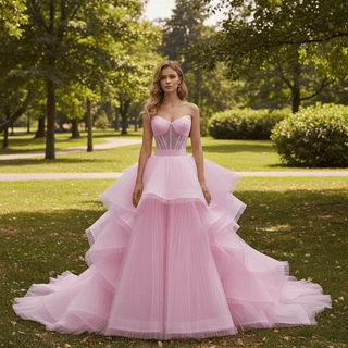 Strapless Pink Ball Gown Formal Dress with Illusion Corset Bodice & Cascading Ruffled Skirt - Rosymae