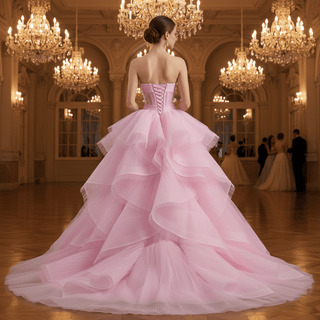 Strapless Pink Ball Gown Formal Dress with Illusion Corset Bodice & Cascading Ruffled Skirt - Rosymae