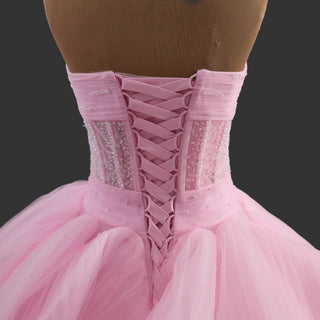 Strapless Pink Ball Gown Formal Dress with Illusion Corset Bodice & Cascading Ruffled Skirt - Rosymae