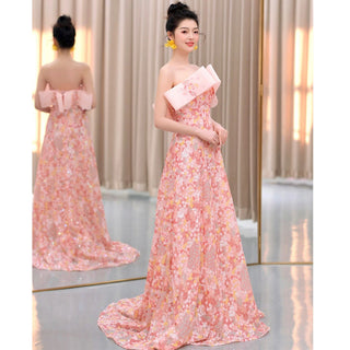 Strapless Pink Floral Formal Evening Dress A-line Prom Dress - Rosymae
