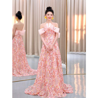 Strapless Pink Floral Formal Evening Dress A-line Prom Dress - Rosymae