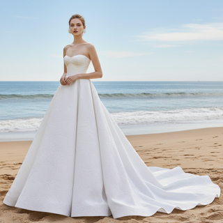 Strapless Embroidery Jacquard Wedding Dress with Long Train