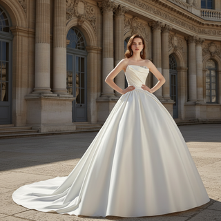 Strapless Straight Neck Ruched Satin Bridal Wedding Dress Ball Gown