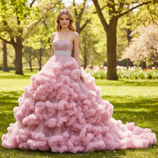 Strapless Ruffle Colored Wedding Dress with Puffy Skirt - Rosymae