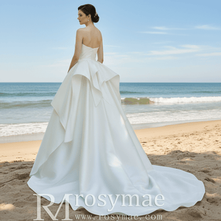 Strapless Ruffle Satin A-line Wedding Dress with Vneck for Bride - Rosymae