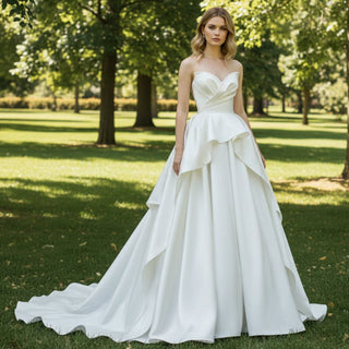 Strapless Ruffle Satin A-line Wedding Dress with Vneck for Bride - Rosymae
