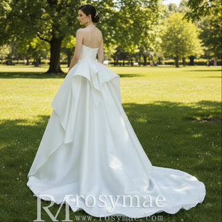 Strapless Ruffle Satin A-line Wedding Dress with Vneck for Bride - Rosymae