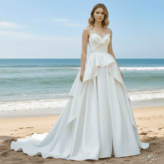 Strapless Ruffle Satin A-line Wedding Dress with Vneck for Bride - Rosymae