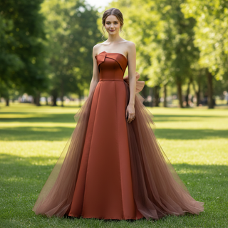 Asymmetrical Neck Rusty Formal Dress Tulle Party Prom Gown