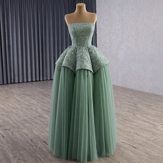 Strapless Sage Ball Gown with Beaded Bodice Peplum Waist & Voluminous Tulle Skirt - Rosymae