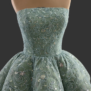 Strapless Sage Ball Gown with Beaded Bodice Peplum Waist & Voluminous Tulle Skirt - Rosymae