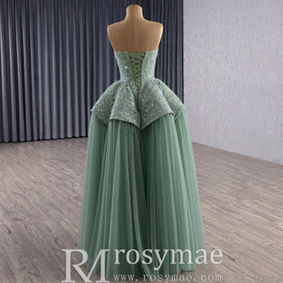 Strapless Sage Ball Gown with Beaded Bodice Peplum Waist & Voluminous Tulle Skirt - Rosymae