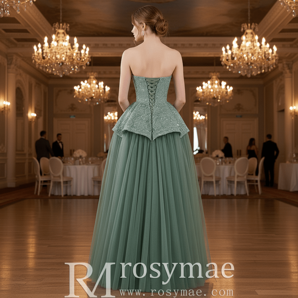 Strapless Sage Ball Gown with Beaded Bodice Peplum Waist & Voluminous Tulle Skirt - Rosymae