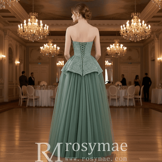 Strapless Sage Ball Gown with Beaded Bodice Peplum Waist & Voluminous Tulle Skirt - Rosymae