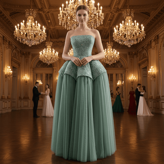 Strapless Sage Ball Gown with Beaded Bodice Peplum Waist & Voluminous Tulle Skirt - Rosymae