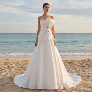 Strapless Satin A-Line Wedding Dress with Asymmetric Crystal Bow & Sweep Train