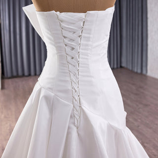 Strapless Satin A-Line Wedding Dress with Asymmetric Crystal Bow & Sweep Train