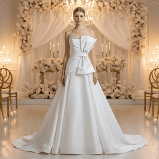 Strapless Satin A-Line Wedding Dress with Asymmetric Crystal Bow & Sweep Train