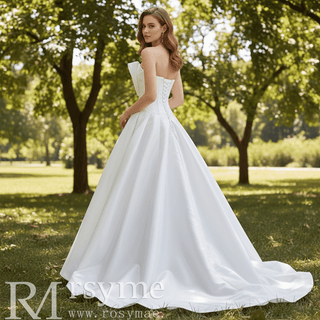 Strapless Satin A-Line Wedding Dress with Asymmetric Crystal Bow & Sweep Train