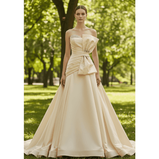 Strapless Satin A-Line Wedding Dress with Asymmetric Crystal Bow & Sweep Train