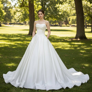 Strapless Satin A-Line Wedding Gown with Pocket - Rosymae