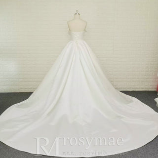 Strapless Satin Ball Gown Wedding Dress with Asymmetric Fold Neckline & Wide Train