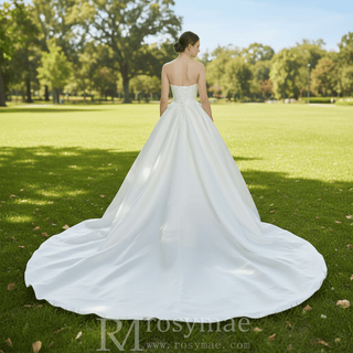 Strapless Satin Ball Gown Wedding Dress with Asymmetric Fold Neckline & Wide Train