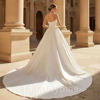 Strapless Satin Ball Gown Wedding Dress with Asymmetric Fold Neckline & Wide Train
