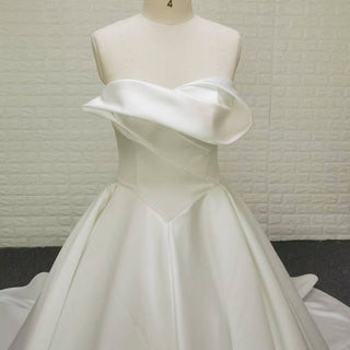 Strapless Satin Ball Gown Wedding Dress with Asymmetric Fold Neckline & Wide Train