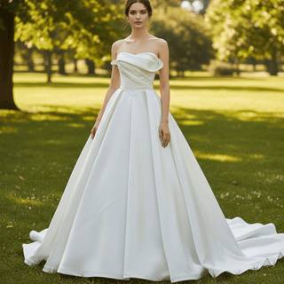 Strapless Satin Ball Gown Wedding Dress with Asymmetric Fold Neckline & Wide Train