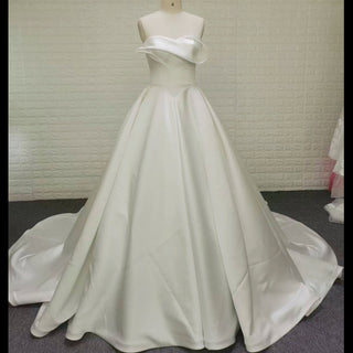 Strapless Satin Ball Gown Wedding Dress with Asymmetric Fold Neckline & Wide Train