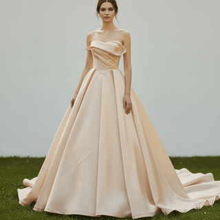 Strapless Satin Ball Gown Wedding Dress with Asymmetric Fold Neckline & Wide Train