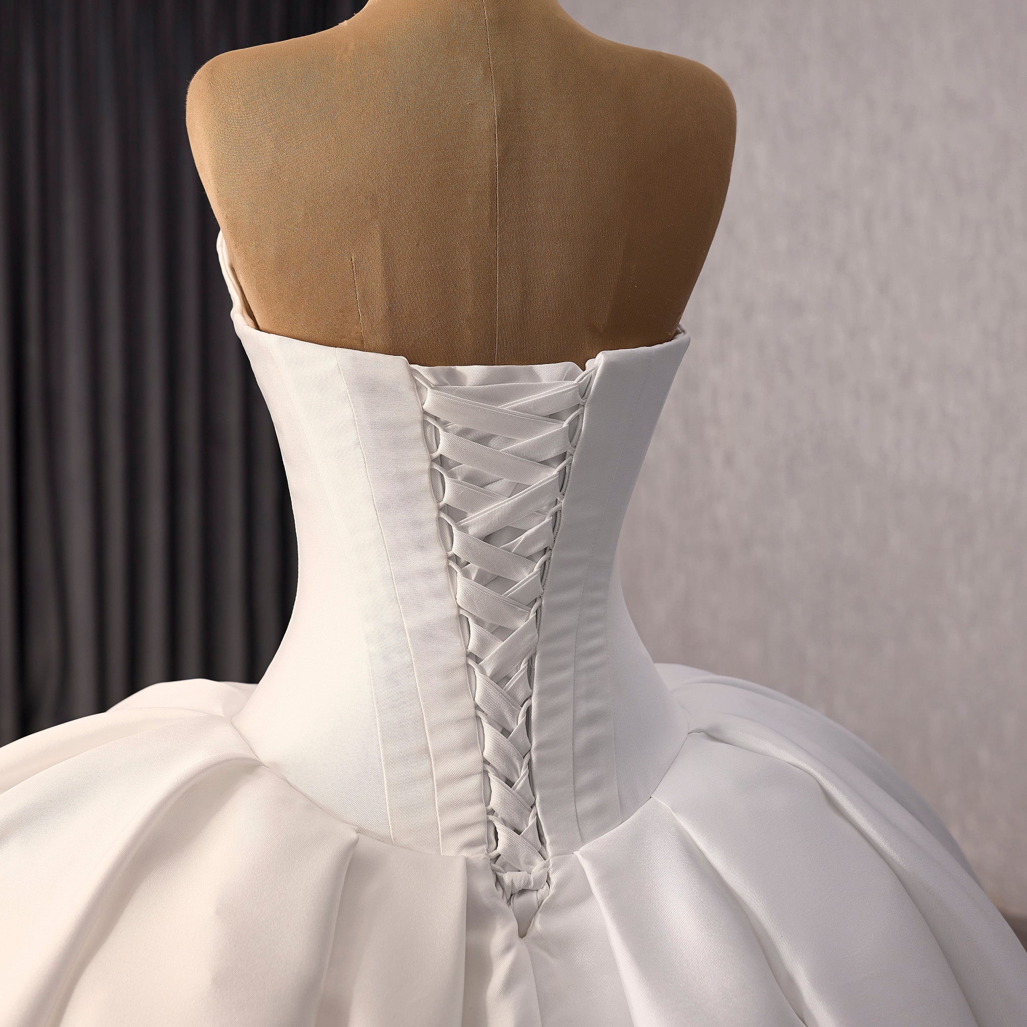 Strapless Satin Ball Gown Wedding Dress with Basque Waist Voluminous Pleated Skirt - Rosymae