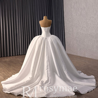 Strapless Satin Ball Gown Wedding Dress with Basque Waist Voluminous Pleated Skirt - Rosymae
