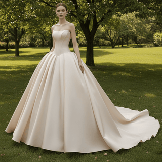 Strapless Satin Ball Gown Wedding Dress with Basque Waist Voluminous Pleated Skirt - Rosymae