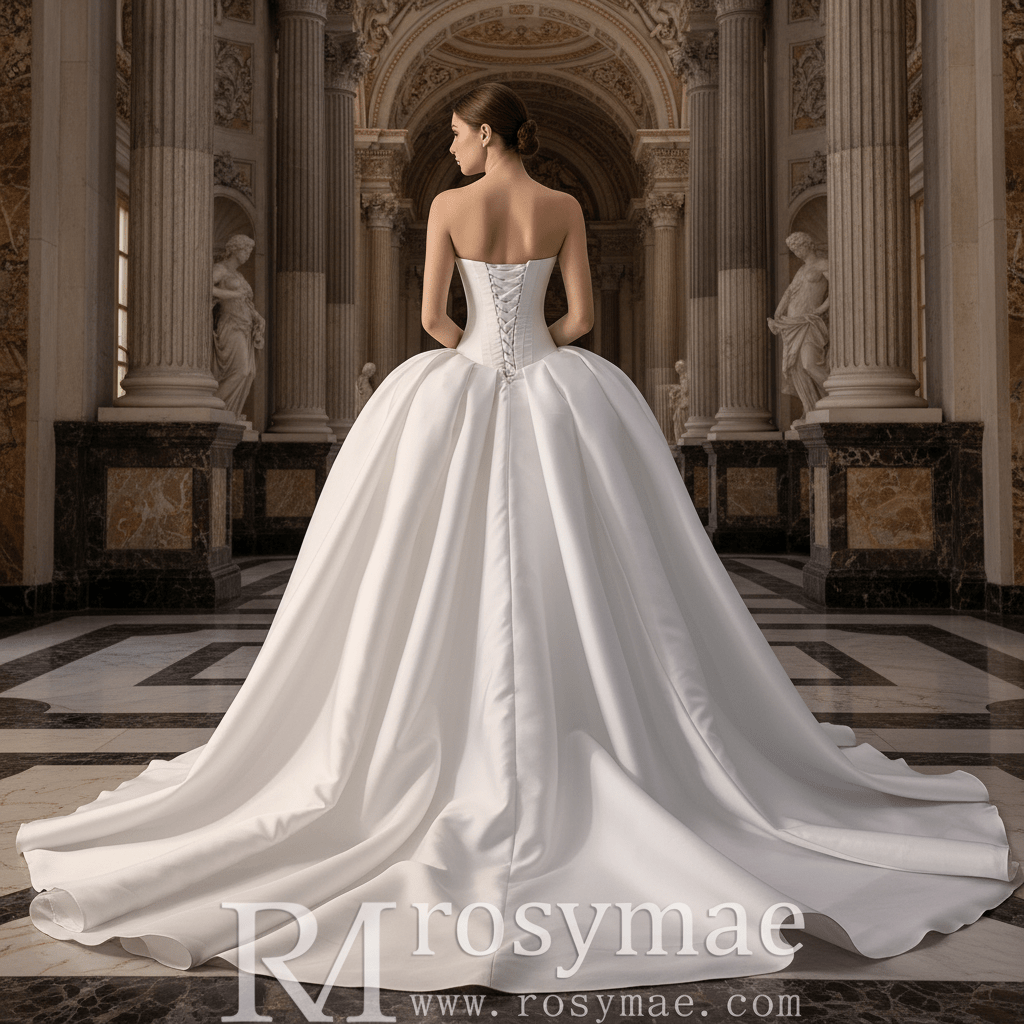 Strapless Satin Ball Gown Wedding Dress with Basque Waist Voluminous Pleated Skirt - Rosymae