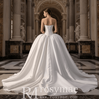 Strapless Satin Ball Gown Wedding Dress with Basque Waist Voluminous Pleated Skirt - Rosymae