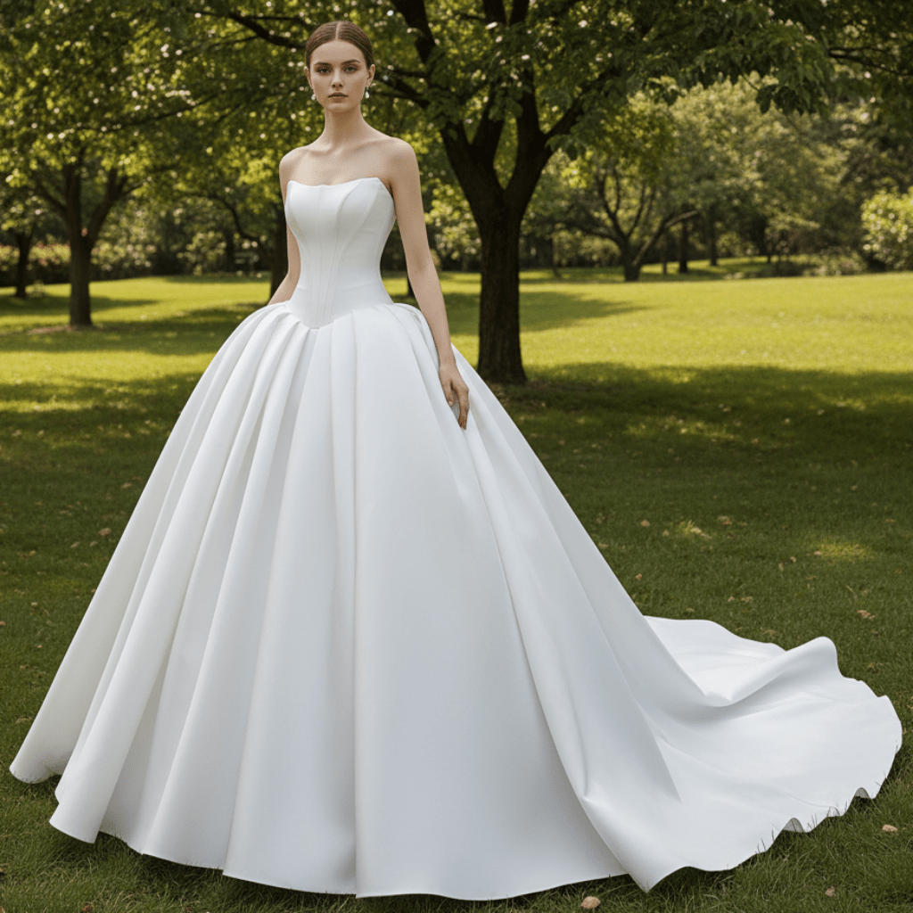 Strapless Satin Ball Gown Wedding Dress with Basque Waist Voluminous Pleated Skirt - Rosymae