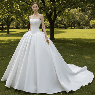 Strapless Satin Ball Gown Wedding Dress with Basque Waist Voluminous Pleated Skirt - Rosymae