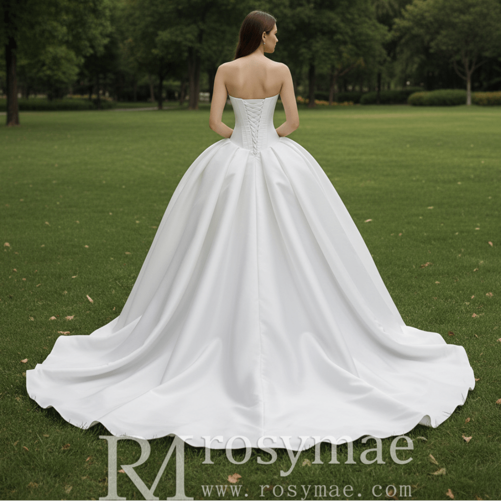 Strapless Satin Ball Gown Wedding Dress with Basque Waist Voluminous Pleated Skirt - Rosymae