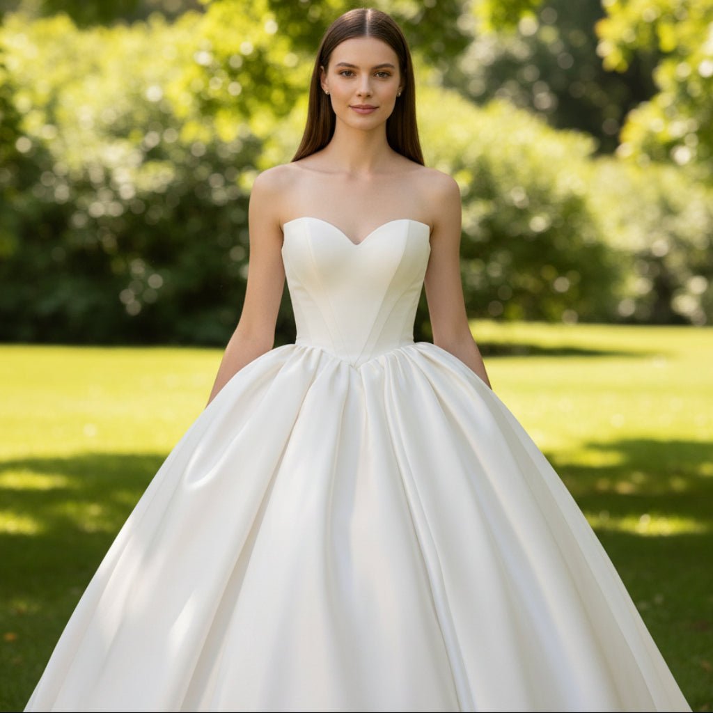 Strapless Satin Ball Gown Wedding Dress with V Neckline - Rosymae