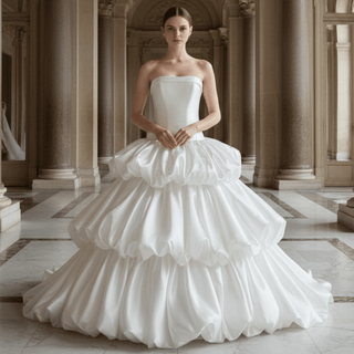 Strapless Satin Corset Tiered Ruffle Ball Gown Wedding Dress