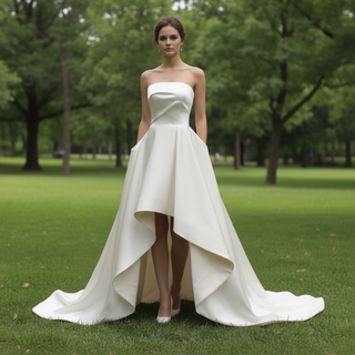 Strapless Satin High Low Beach Bridal Gown Wedding Dress