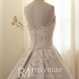 Strapless Curve Neck Satin A-line Wedding Dress with Floral Lace Applique
