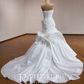 Strapless Satin Mermaid Wedding Dress with 3D Rose Appliqués & Ruffle Train