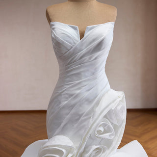Strapless Satin Mermaid Wedding Dress with 3D Rose Appliqués & Ruffle Train